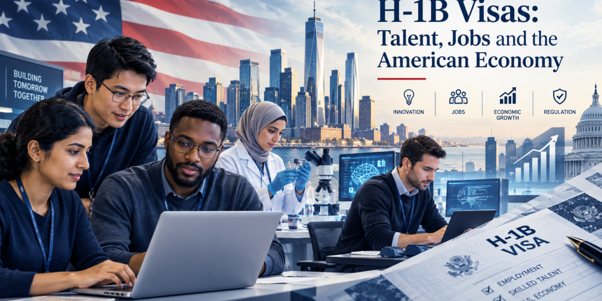 Skilled professionals working in the United States, illustrating the H-1B visa program and its economic and employment implications.