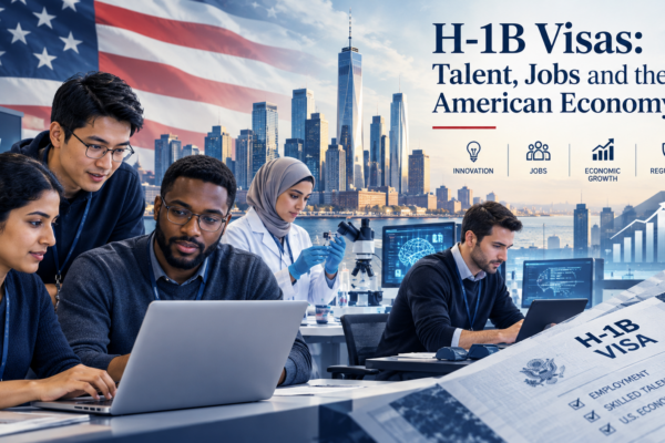 Skilled professionals working in the United States, illustrating the H-1B visa program and its economic and employment implications.