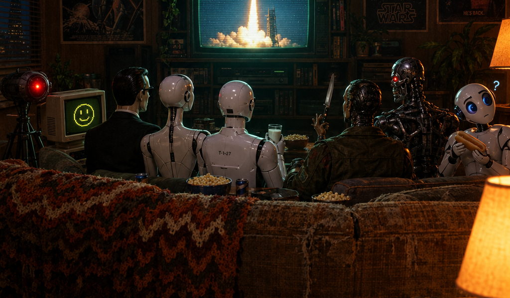 Eight mismatched machines sit side by side facing an old CRT television